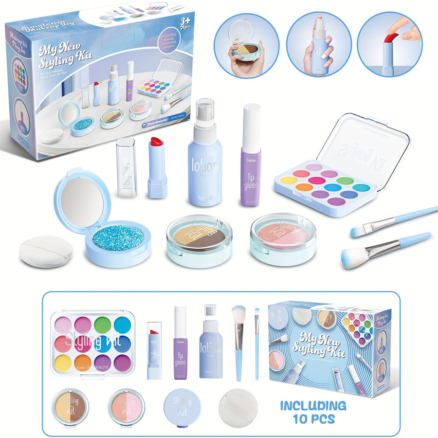 Set di giocattoli per il trucco per bambini Set di scatole per il trucco di bellezza simulata, senza sbavature, senza liquidi, set non tossico da 10 pezzi (trucco non reale)