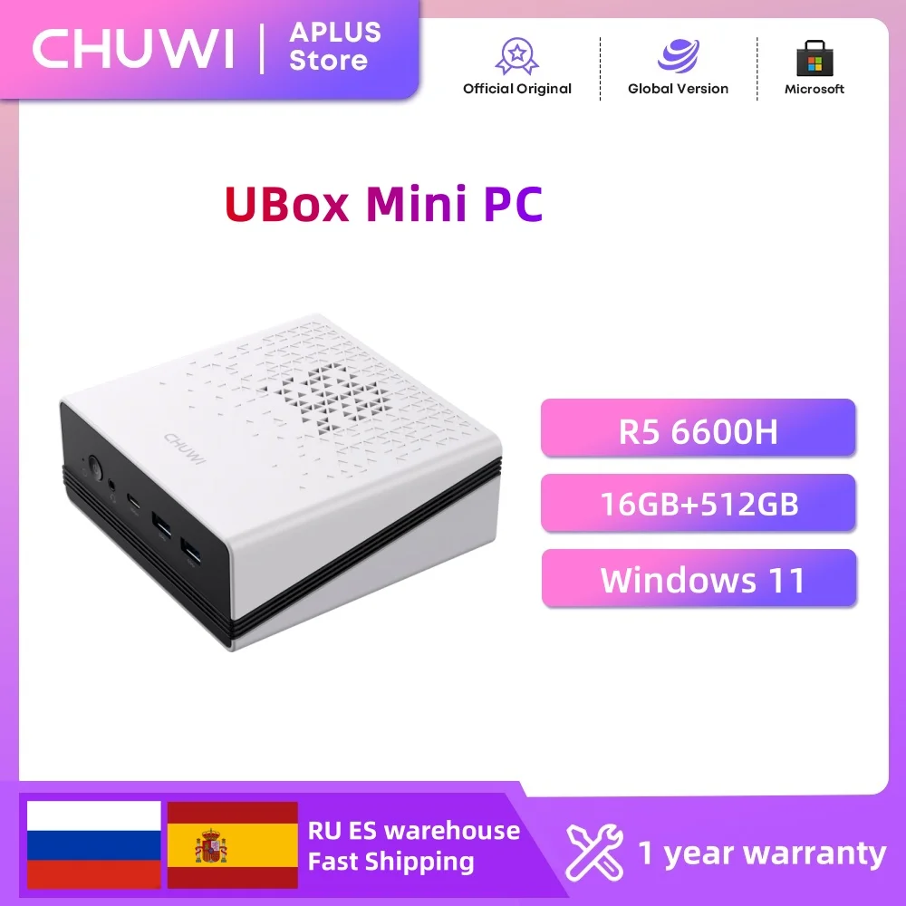 CHUWI UBox Mini PC AMD R5-6600H 6 Cores 12 Threads DDR5 16GB 512GB PCle 3.0 SSD  Wi-Fi 6 ＆2.5G LAN Desktop Computer