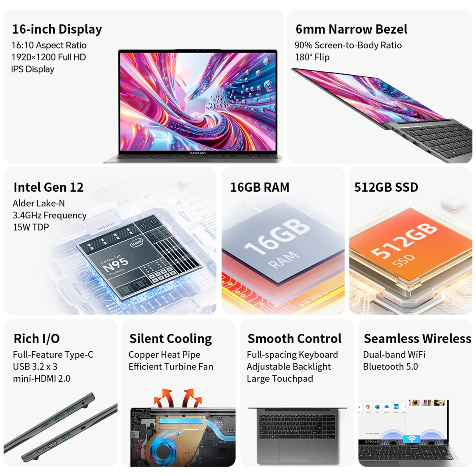 Teclast F16Air 16 pulgadas 180 °   Flip Laptop 16GB RAM 512GB SSD Intel N95 CPU Windows 11 F16 Air Notebook mini-HDMI Teclado retroiluminado