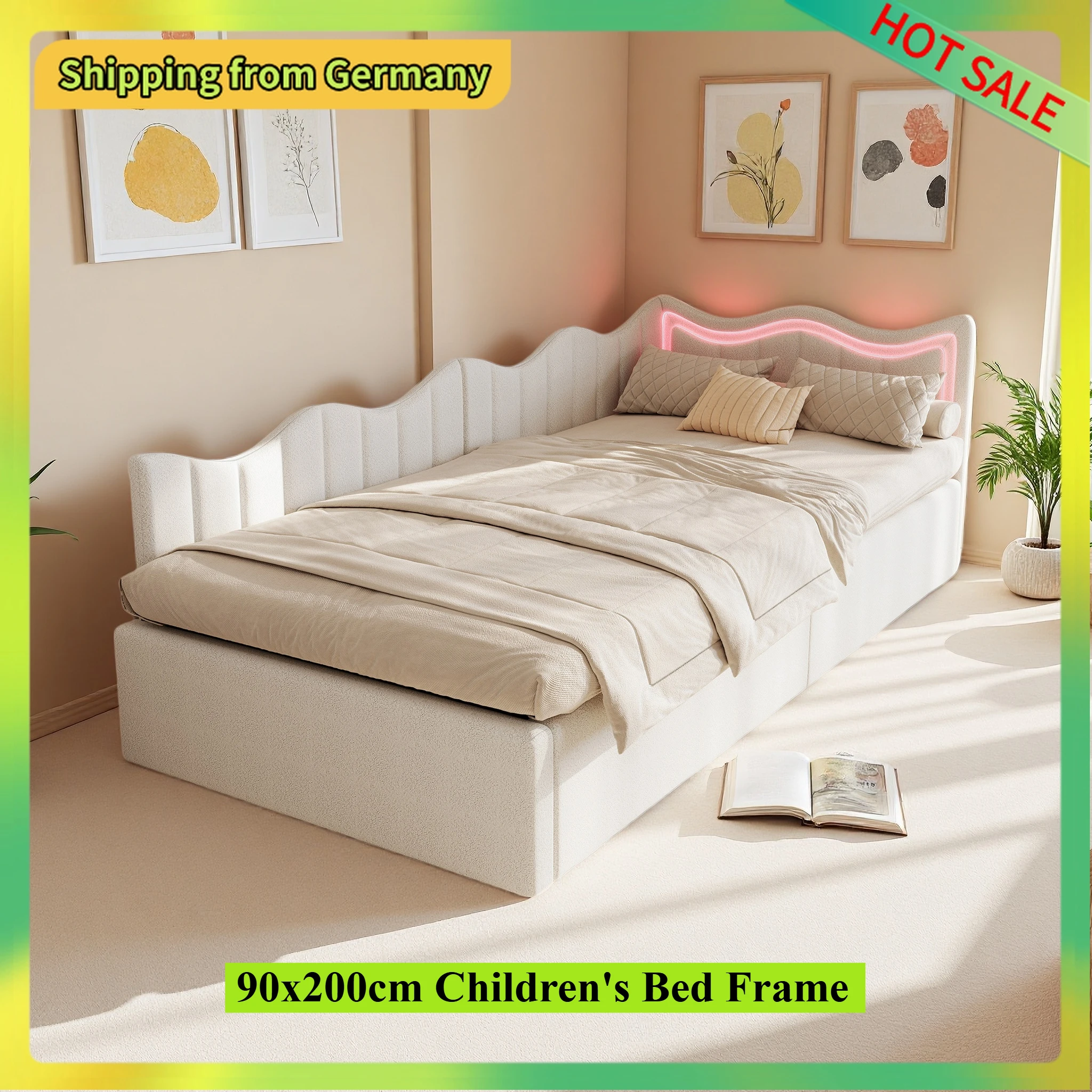 Comanlai Sofa z funkcją spania 90x200cm i łóżko dziecięce z oświetleniem LED, hydrauliczna rama łóżka z pojemnikiem, tkanina welurowa, kolor złamany biały