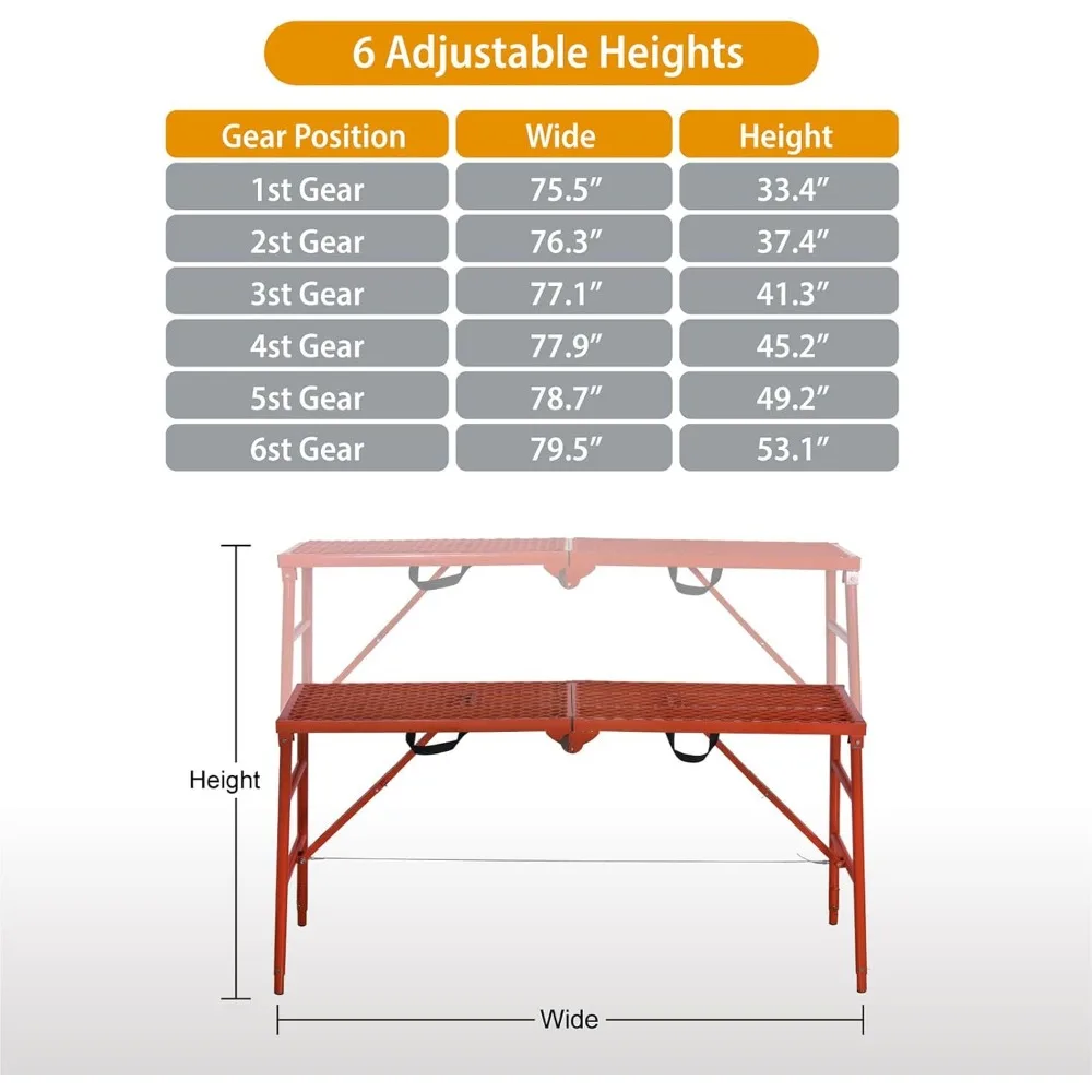 Scaffolding Platform 70(L) x15(W) x33(H) 770 Lbs Capacity Portable Adjustable Work Platform Scaffolding Ladder for Stairs,Red