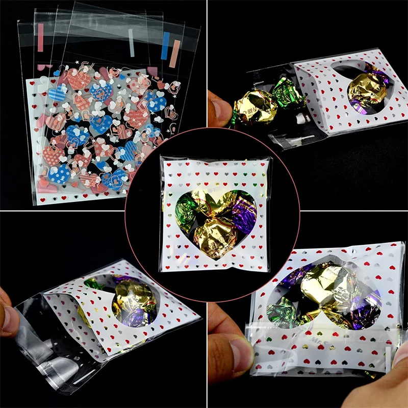 100pcs 7x7/10x10 ซม.หัวใจพลาสติก CELLO กระเป๋าปิดผนึกด้วยตนเองสําหรับ DIY คุกกี้ขนมขบเคี้ยวแพคเกจตกแต่งขนาดเล็กธุรกิจ