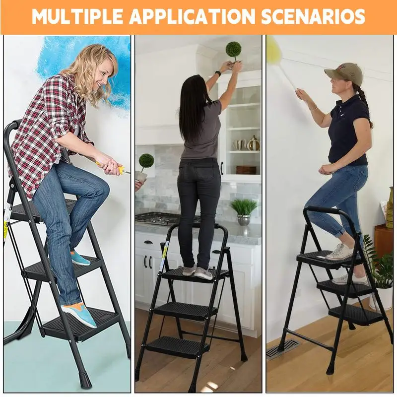 Step Ladder Ergonomic Step Stool with Handle Foldable Ladder Non-slip 3-Step Portable Step Ladders Wide Pedals Closet Stool
