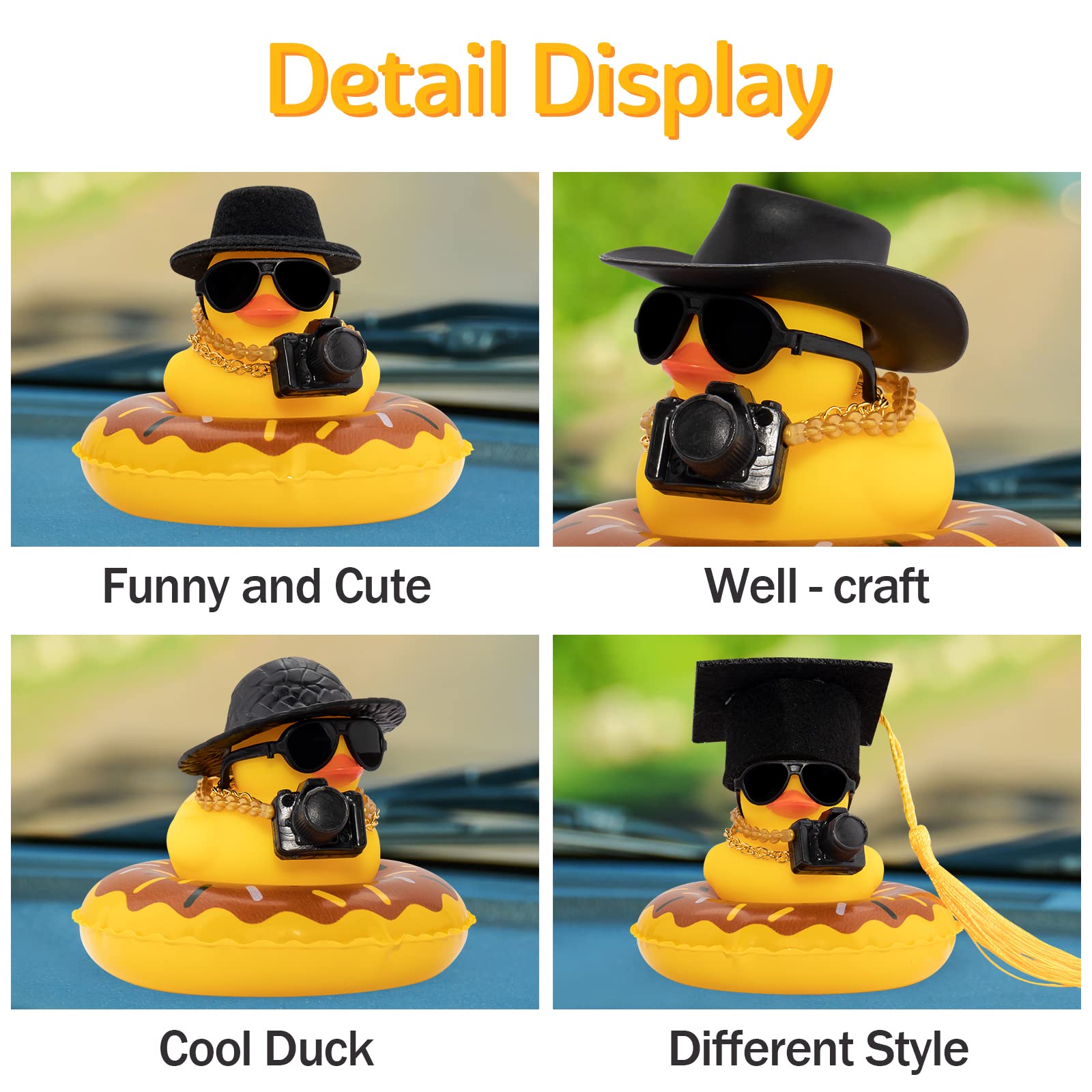 Duck Car Rubber Duck Dashboard Decorations Camera Accessories for Car Ornament with Mini Hat Swim Ring Necklace and Sunglasses