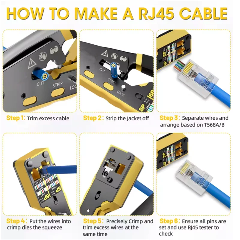 Straight RJ45 Crimping Tool Kit, Integrated Ethernet Crimper Cat7 Cat6 Cat5 Crimping Tool Ratchet Modular Data Cable Crimper