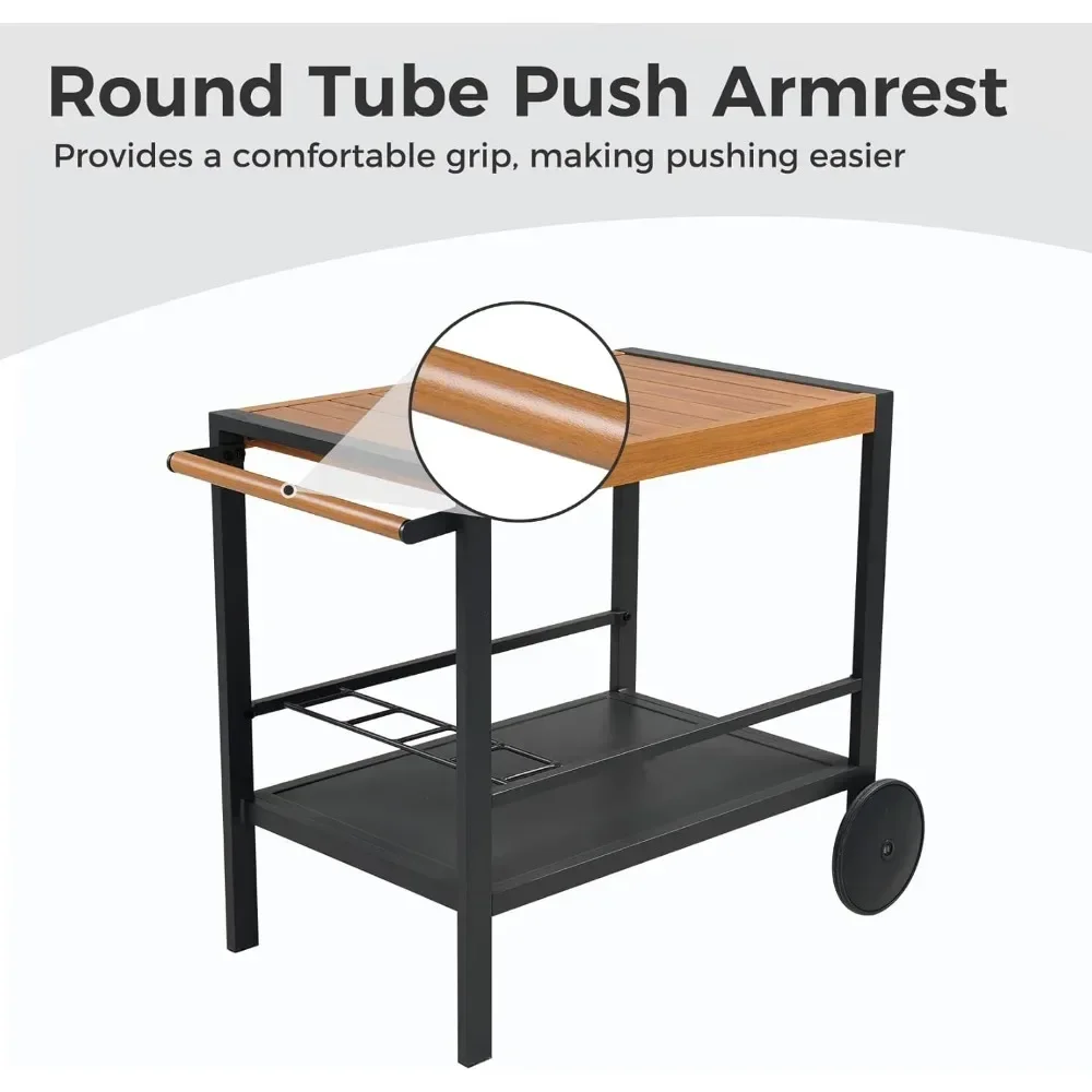 Outdoor Bar Cart with Wine Rack, Grill Dining Cart with Double-Shelf, Aluminum Serving Cart with Wood Grain Finish Table