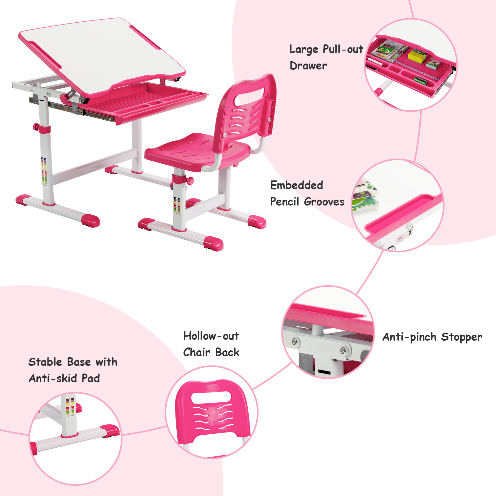 GOFLAME Kids Desk & Chair Set, Height Adjustable Study Table with Tilting Tabletop, Large Pull-out Drawer & Metal Hook