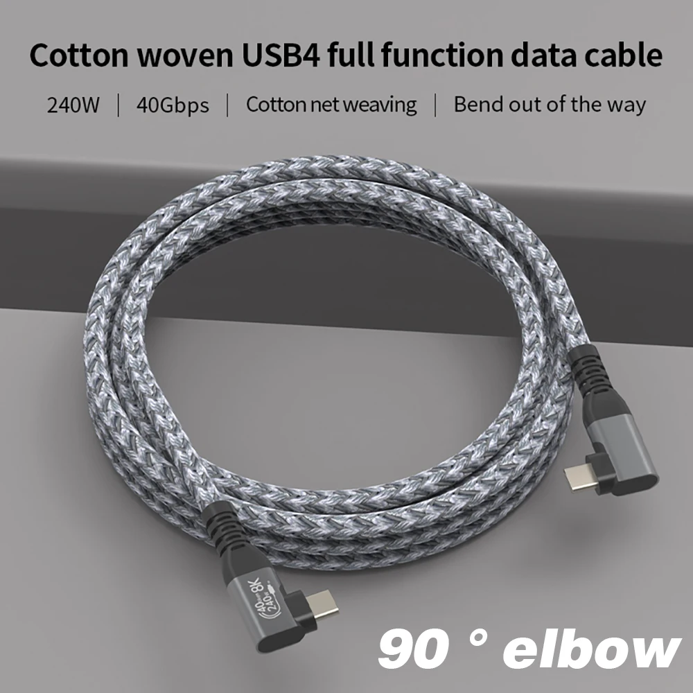 Thunderbolt USB 4 Cable de ángulo de 90 grados 40Gbps USB4 codo tipo C Thunderbolt3 4 Cable de transferencia de datos USB C PD240W carga rápida