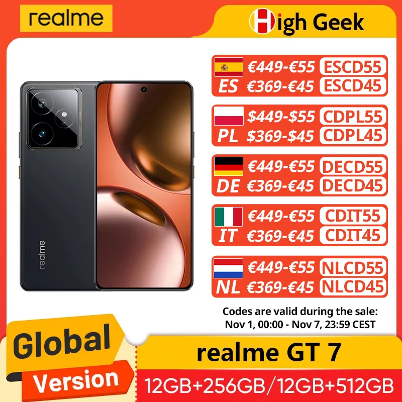 Versione globale realme GT 7 5G AI Smartphone MTK Dimensity 9400e 6000nits Pro-Esports Display 7000 mAh Batteria 120W Ultra Charge