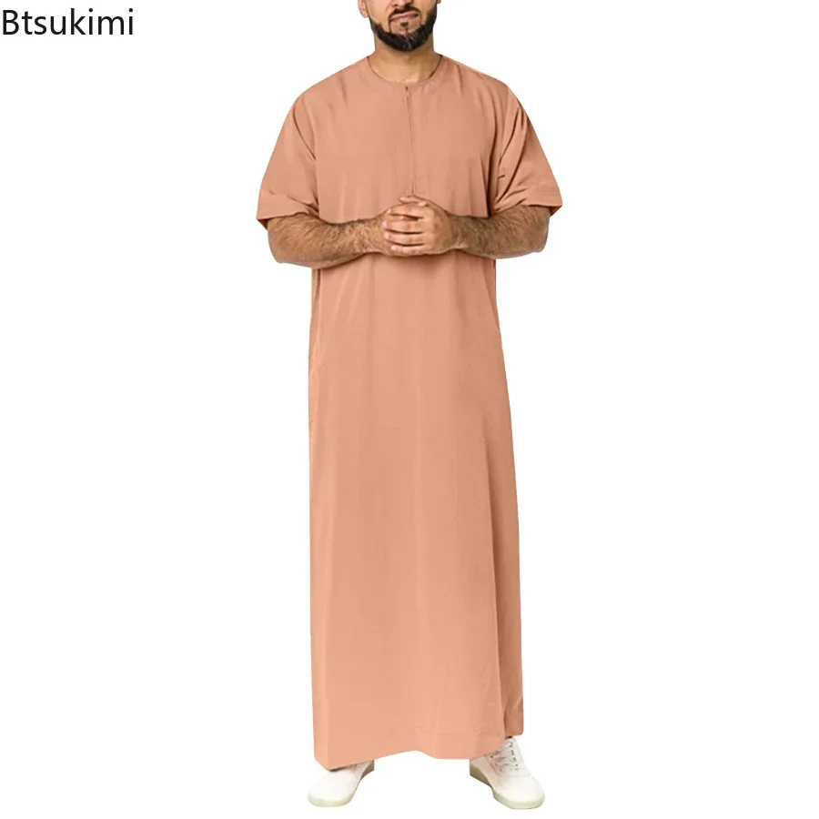 男性用の単色ジッパー付きアバヤジュバトーブ,半袖,ラウンドネック,イスラム教徒のアラビア語の服,サウジスタイル,5xl,ファッション
