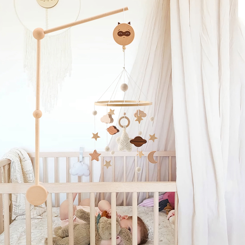 Bebê de madeira cama sino suporte móvel pendurado chocalhos suporte brinquedos cabide berço do bebê móvel sino brinquedos de madeira titular braço suporte