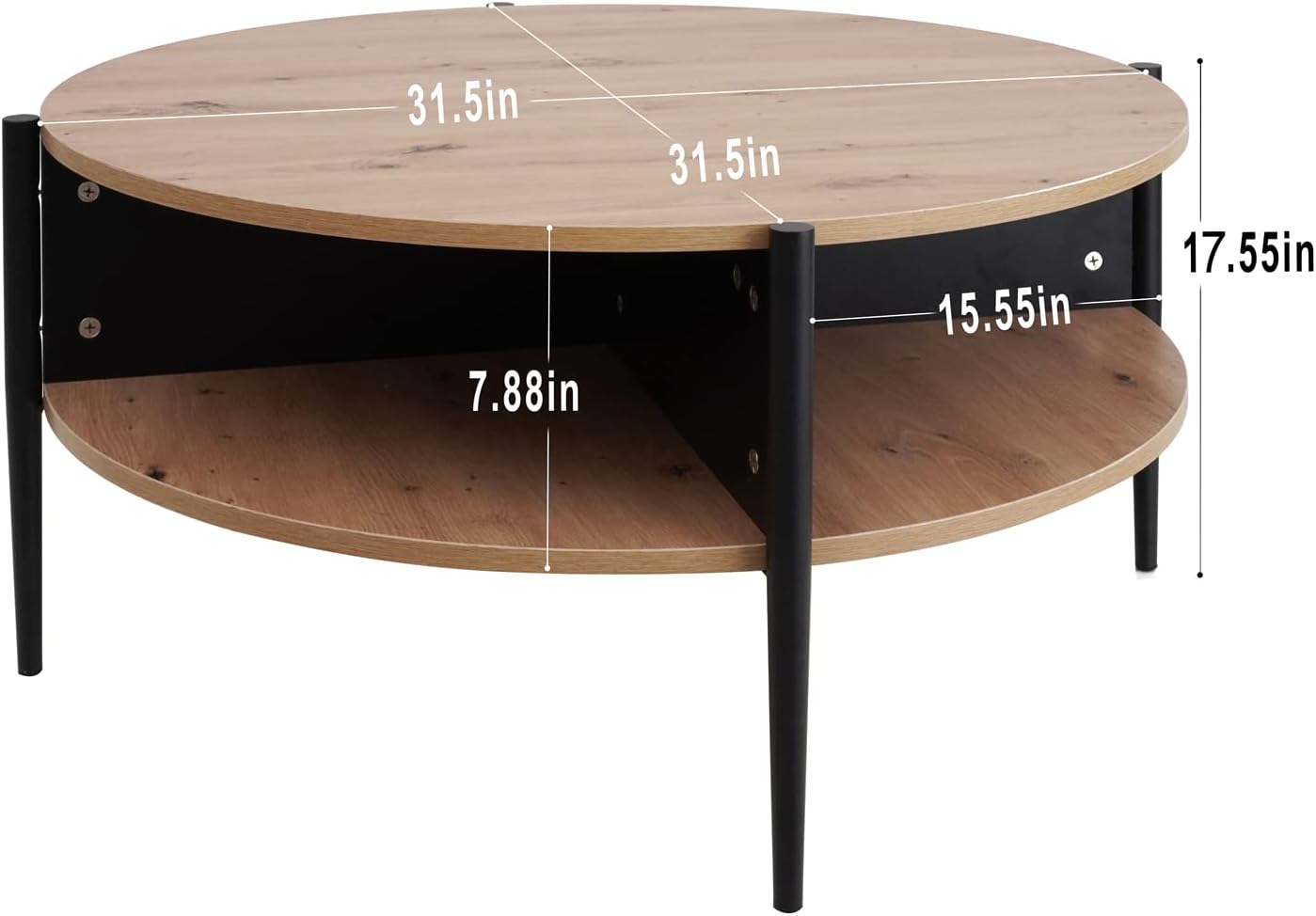 Wood Round Coffee Table with 2-Tier Storage Partitioned Shelf Industrial Modern Design Sofa Table for Living Room