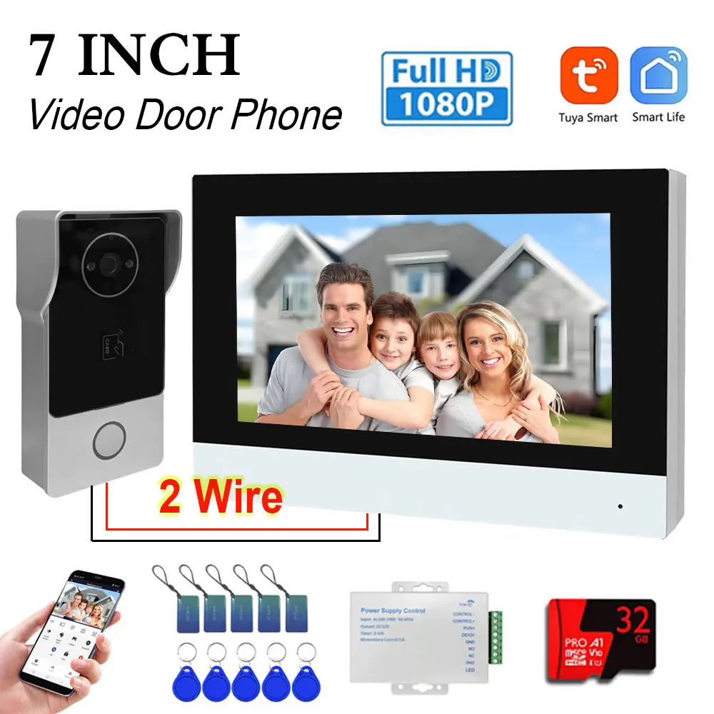 Smart TUYA 1080P 7 Inch Touchscreen Wifi Video Deurbel 2 Draad Video Intercom 32G Kaart Rceord Kit bewegingsdetectie ID Unlcok