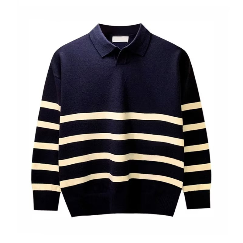 Otoño Simple solapa suéter a rayas para hombres Casual Vintage moda coreana prendas de punto última novedad Y2K Jersey de punto suelto Jumper