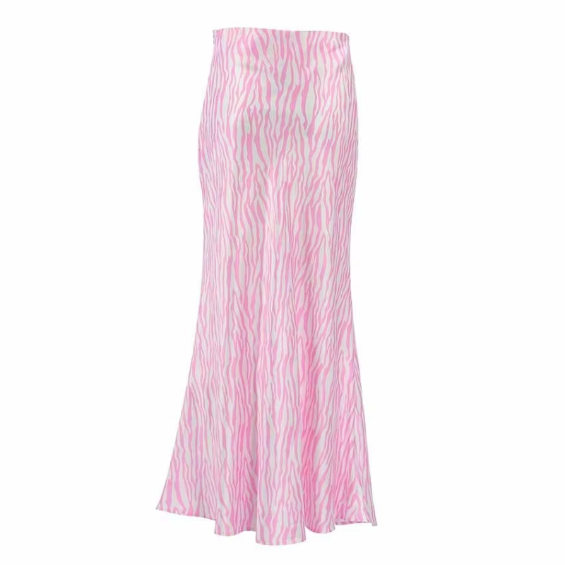 Elegante Zebra Zomer Rokken Vrouwen Hoge Taille Satijn Roze Lange Jurken Vintage Fishtail Rok Mode Dame Dameskleding
