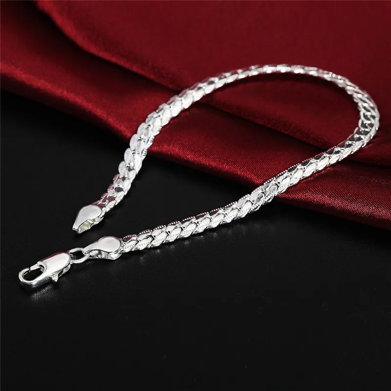 Pulsera de plata de ley 925, 6mm, 18/20cm, cadena lateral plana, pulsera con cierre de langosta para mujer, hombre, joyería de compromiso de boda