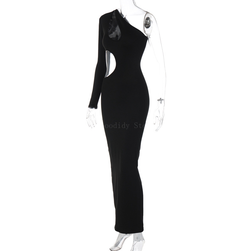 Robe longue sexy à épaules dénudées avec ourlet irrégulier, design évidé, devant rond, document solide, manches longues