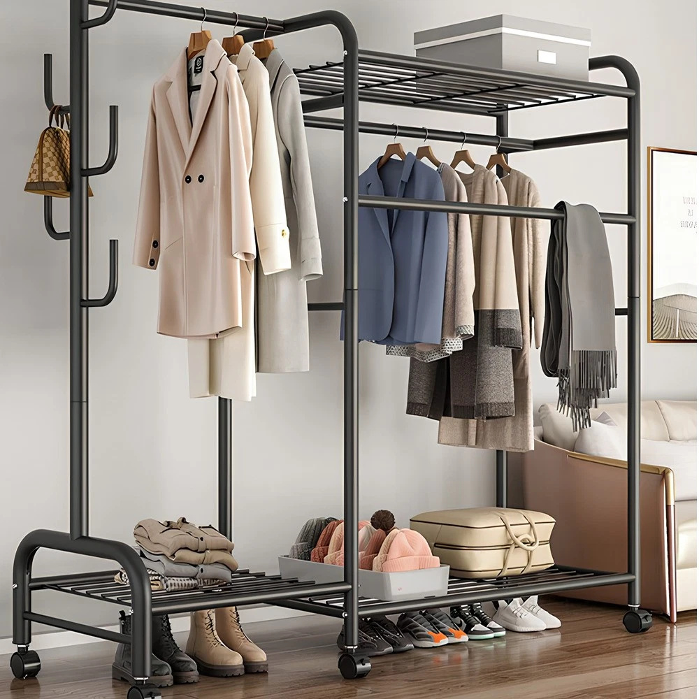 Clothes Rack Heavy Duty Coat Shelf Double-Rod Hats Clothes Rack With Hooks Hanging Clothe Organizer Floor Hangers Organizer