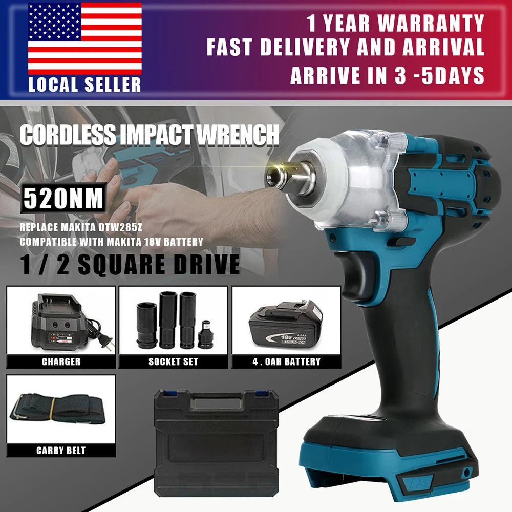 Avvitatore elettrico a batteria senza spazzole 520NM Utensili elettrici da 1/2 pollice Compatibile con Makita 18V Chiave a batteria con set di cassette degli attrezzi