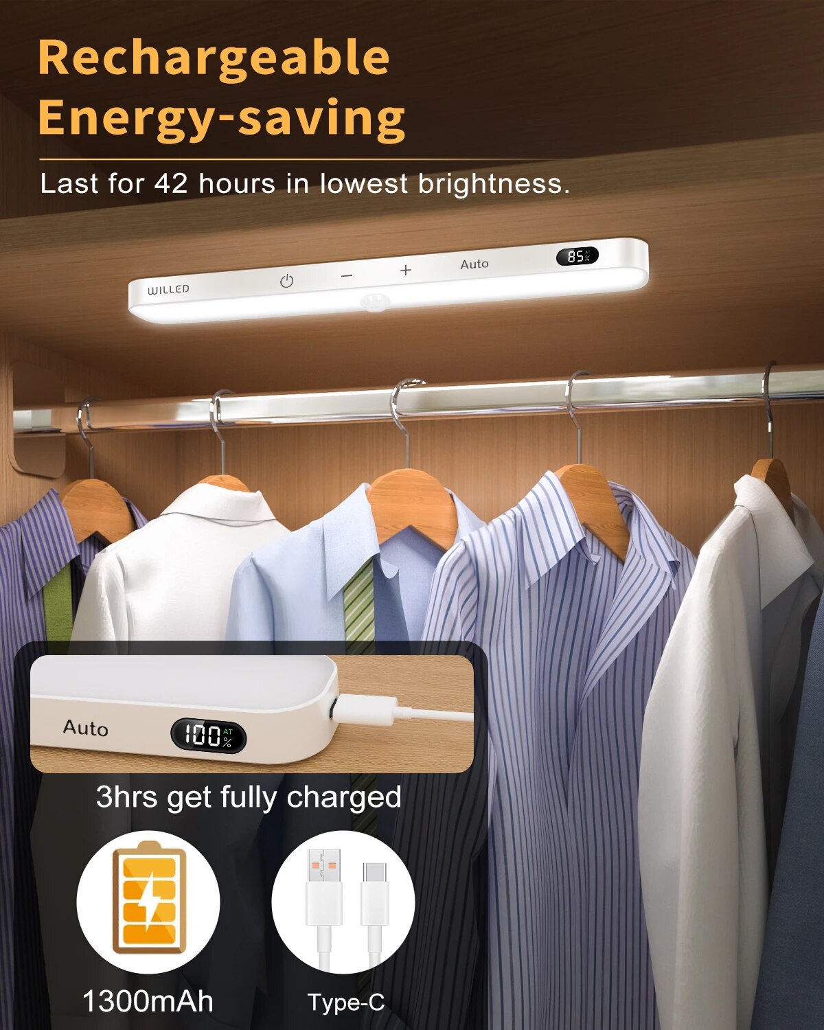 WILLED Motion Sensor Schrankleuchte, Batterieanzeige, 60 LEDs, Touch-Lichtleiste, kabelloses Nachtlicht mit wiederaufladbarem Akku