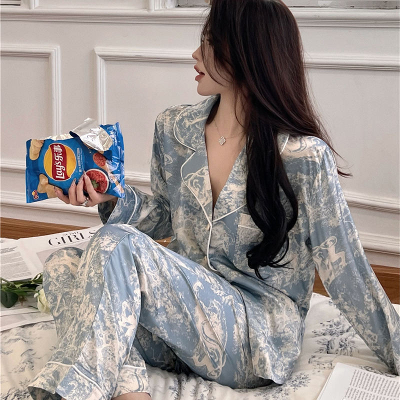 2023 outono nova seda gelo feminino pijama lapela botão cardigan outfits para mulher 2 peça conjunto de moda impressão conjunto roupas para mulher