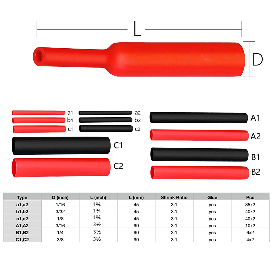 270Pcs 3:1 Shrink Dual Wall Adhesive Lined Heat Shrink Tubing Tube 6 Size 3/8",1/4",3/16",1/8",3/32",1/16" Black Red