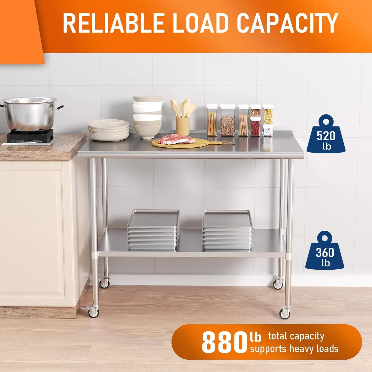 Prep & Work Table with Adjustable Shelf, with Backsplash and Wheels, Kitchen Island, Commercial Workstations, Ut