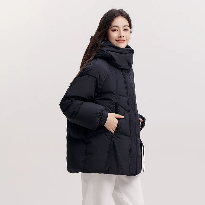 Semir jaqueta de comprimento médio feminina solta ajuste com capuz casaco texturizado 2025 novas casacos de inverno feminino casual estilo quente