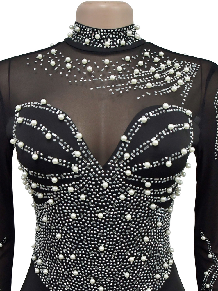 Beyprern Macacões femininos de malha transparente com cristal, roupas de uma peça, glam, manga comprida, pérolas, strass, macacão de clube