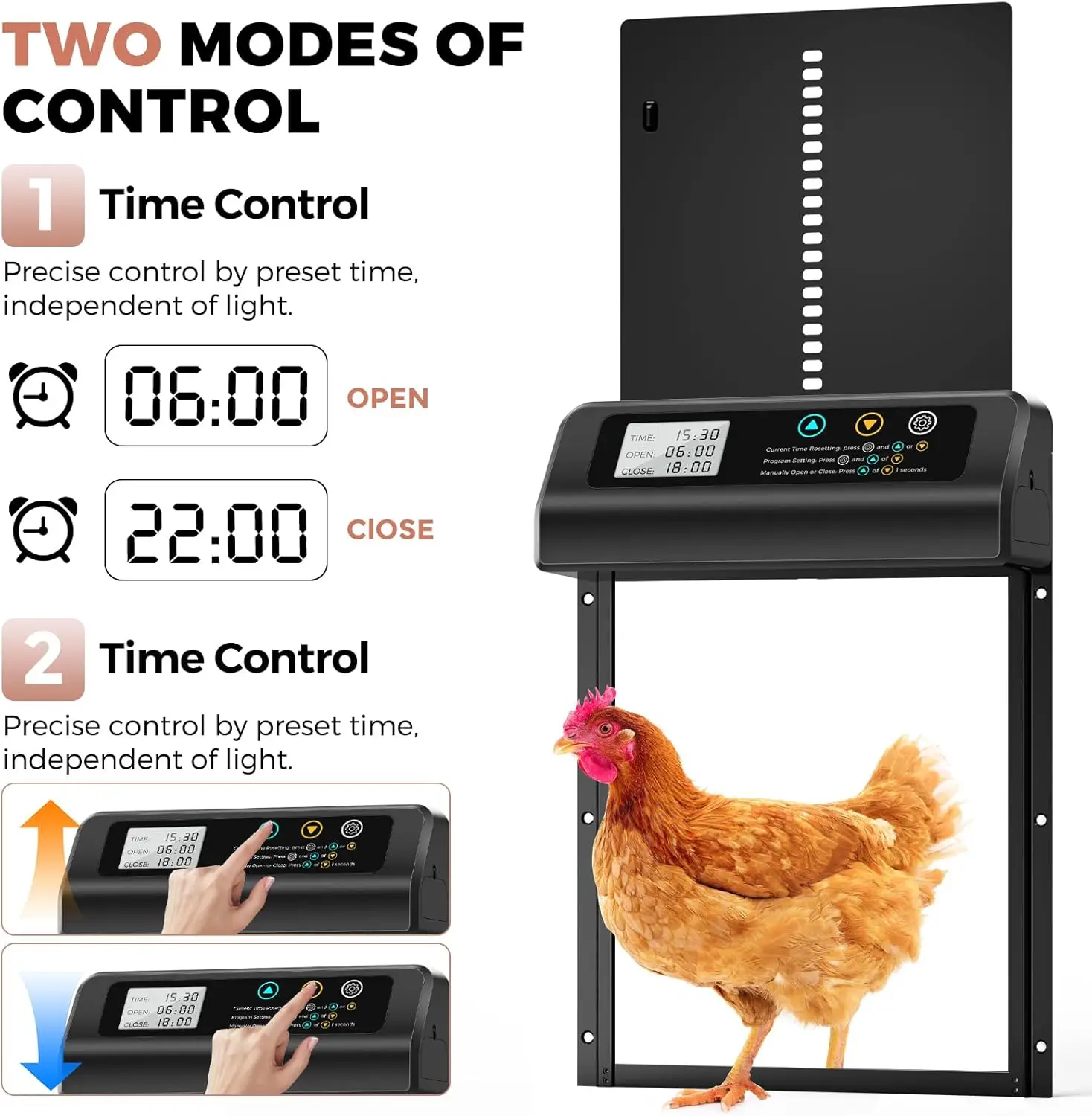 Porta automática de galinheiro, porta automática de liga de alumínio com design anti-pitada, temporizador + display LCD para casas de aves, longe