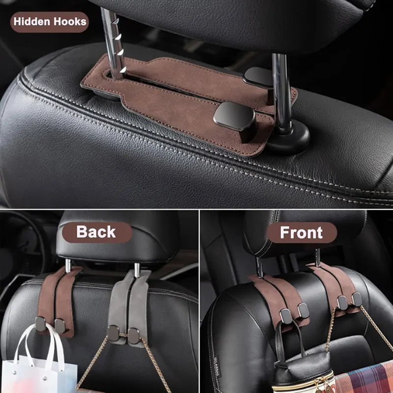 ユニバーサルメタルカーシートヘッドレストフック 2 in 1 ソフトレザーカーシートバックフック財布バッグバックパックダブルフック​​カーシートハンガー
