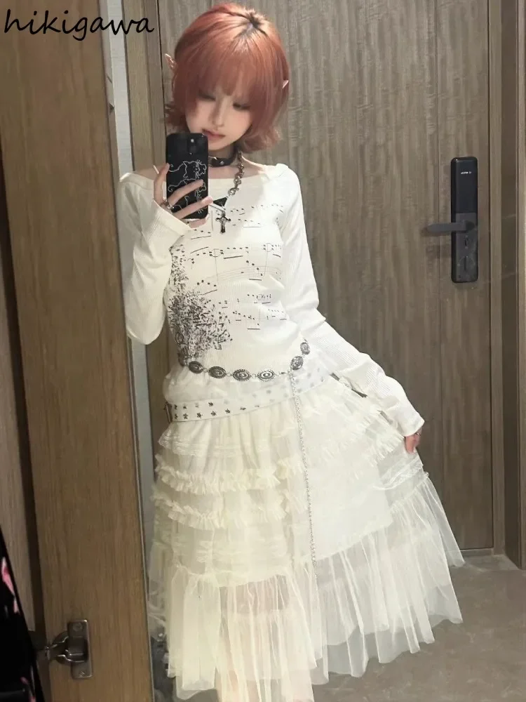 Camisetas Punk para Mujer, Túnica estampada de manga larga, Camisetas coreanas de moda Y2k, camisetas informales con cuello oblicuo, Ropa de Mujer 2025