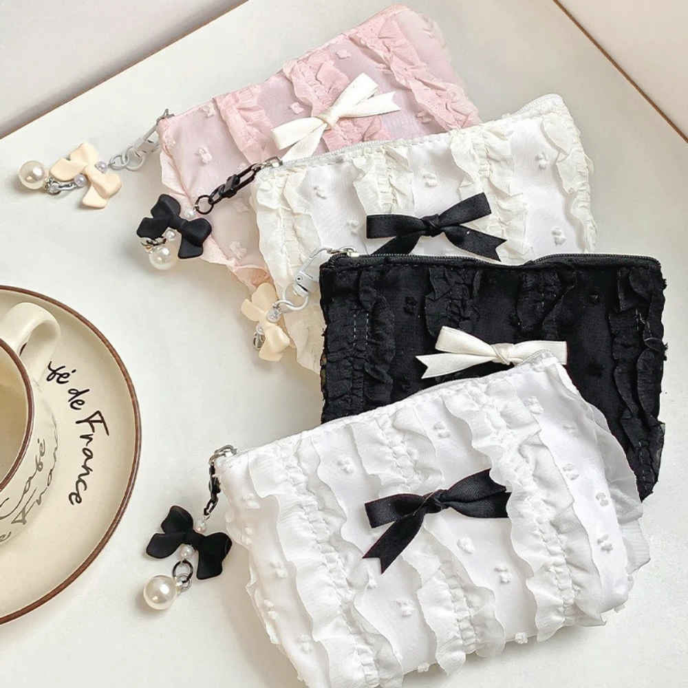 Mini bolso de maquillaje bonito para mujer, monedero portátil con lazo de encaje coreano, bolsa pequeña, bolso Kawaii para almacenamiento de cosméticos con cremallera