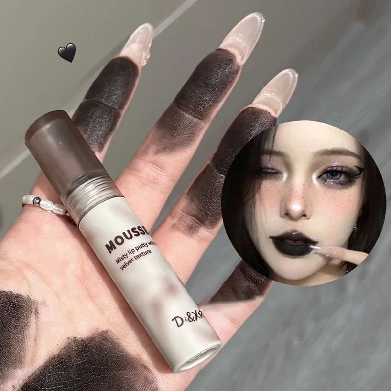 Gothic Matte Black Lipstick Waterproof Mousse Lip Mud Nude Brown Lipstick Dark Purple Punk Lip Gloss Makeup Non-stick Lips Tint