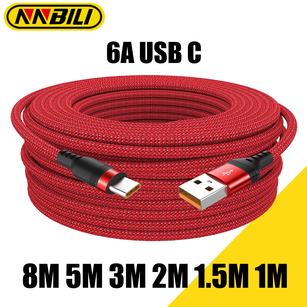 NNBILI 6A 추가 긴 데이터 케이블 나일론 USB C 삼성 화웨이 Xiaomi 데이터 와이어 코드 충전기 케이블 5m/8m 용 고속 충전 케이블