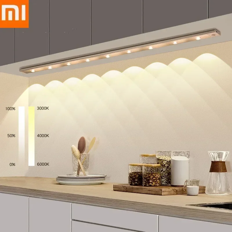 Xiaomi Nachtlampe mit Bewegungssensor, USB wiederaufladbar, 80 cm, kabellose LED, 3 Farben, für Schlafzimmer, Küche, Schrank, Toilette, Hintergrundbeleuchtung