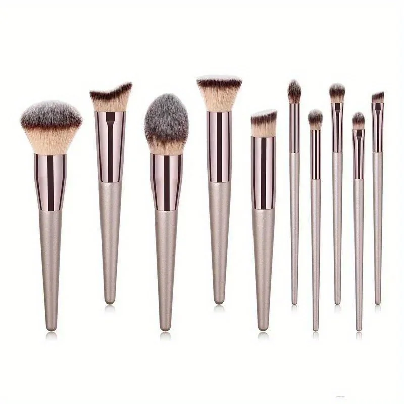 Juego completo de brochas de maquillaje color champán dorado, 10 Uds., base, polvo suelto, colorete, corrector, sombra de ojos, juego profesional