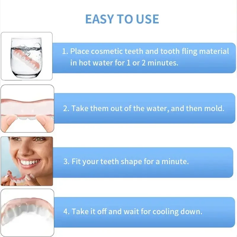 Comodi denti finti sorridenti con colla per denti riempitiva Impiallacciature superiori inferiori usa e getta Trucco per denti Dente finto temporaneo