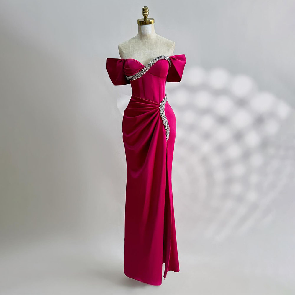 Fuchsia Prom Dress Off The Shoulder Kristallen Sweetheart Column Prom Jurken Voor Vrouwen 2024 Op De Grond Lengte Ruches Formele Feestjurk