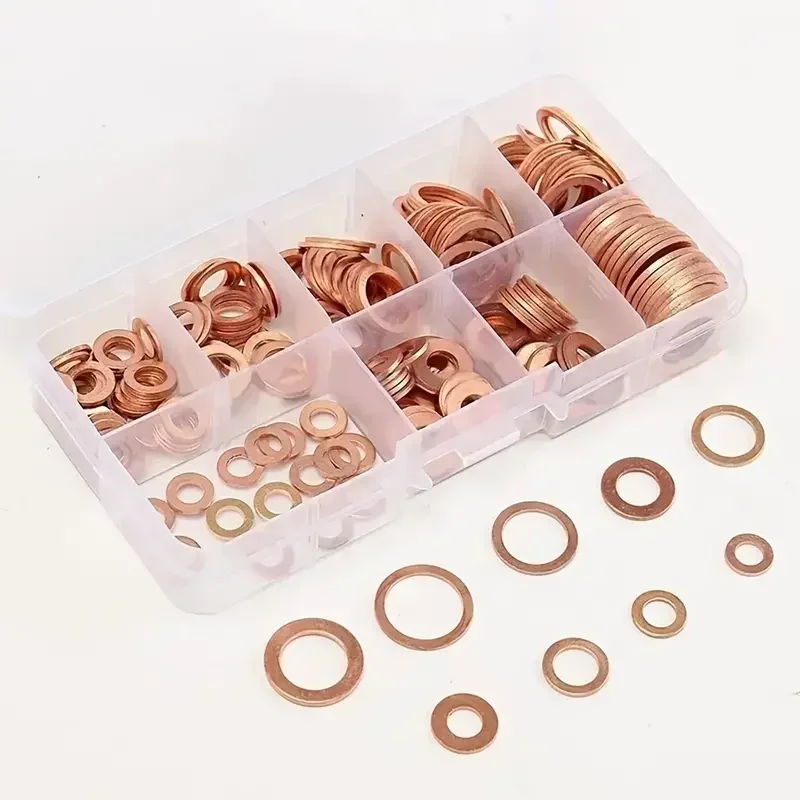 100 piezas de arandelas, arandelas, tuercas y pernos de cobre, con caja M4/M5/M6/M8/M10/M12/M14 Kit de combinación de sellos para tapones de cárter de aceite