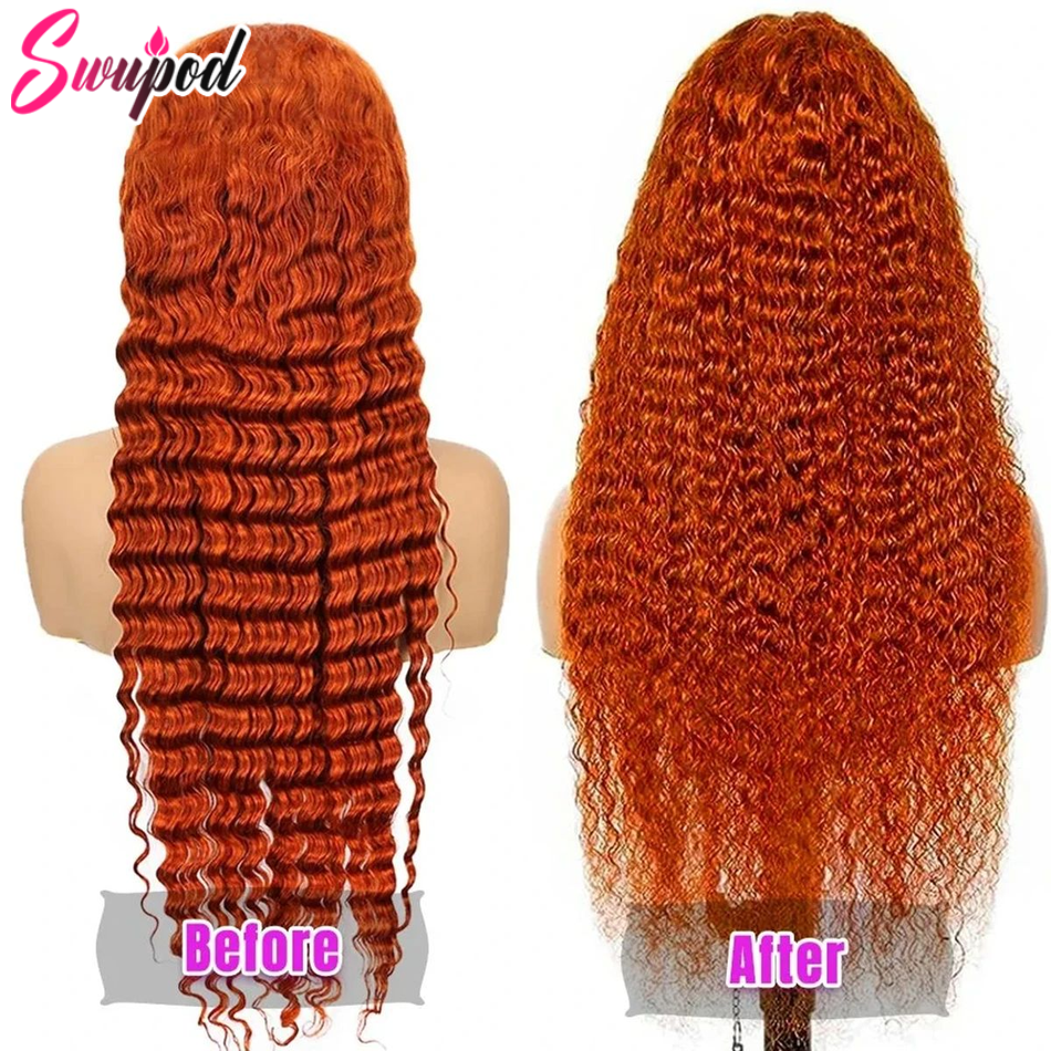 Swupod-Transparente HD Lace Front Wig para Mulheres, Onda Profunda, Remy Cabelo Humano, Ginger Cor Laranja, Glueless, 13x4, 13x6, 200 Densidade