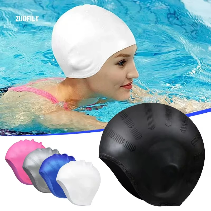 Gorro de natación de silicona duradero profesional con bolsillos para las orejas para adultos y adolescentes, protege el cabello largo y proporciona alta elasticidad