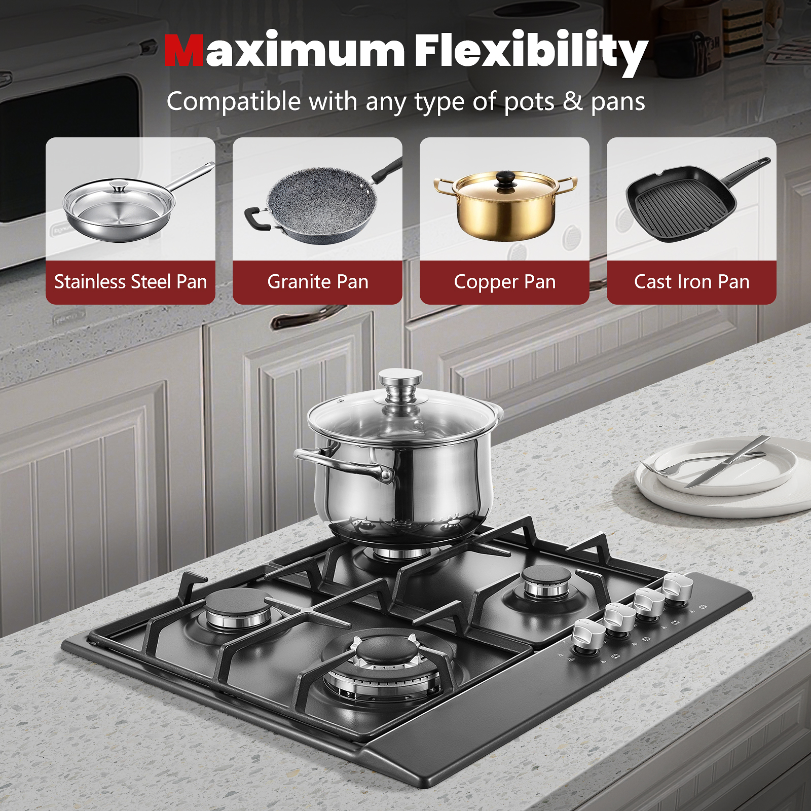 Placa esmaltada preta de 4 queimadores 58 cm proteção automática contra chamas, gás natural e gás propano, placa de gás embutida