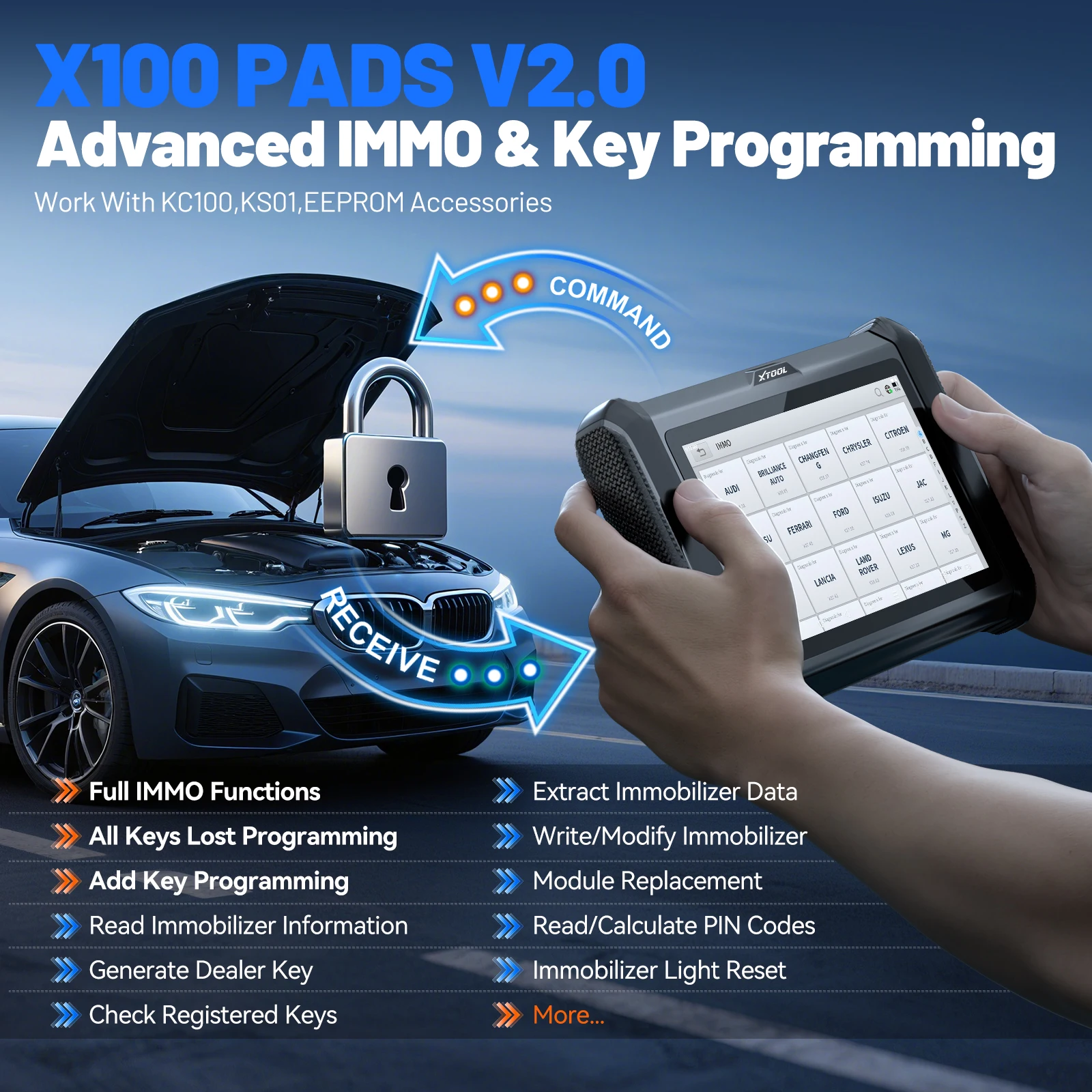 XTOOL X100 PADS V2.0 Schlüsselprogrammierer Kfz-Scanner IMMO Lese-/Schreibchip All Key Lost OBD2-Diagnosetool mit CANFD DOIP
