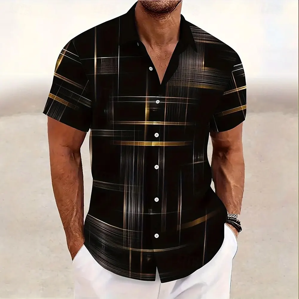 Camicia a griglia geometrica da uomo a 8 colori Camicia con bottoni Manica corta Moda Casual Vacanza all'aperto Streetwear Camicia con risvolto stampato in 3D