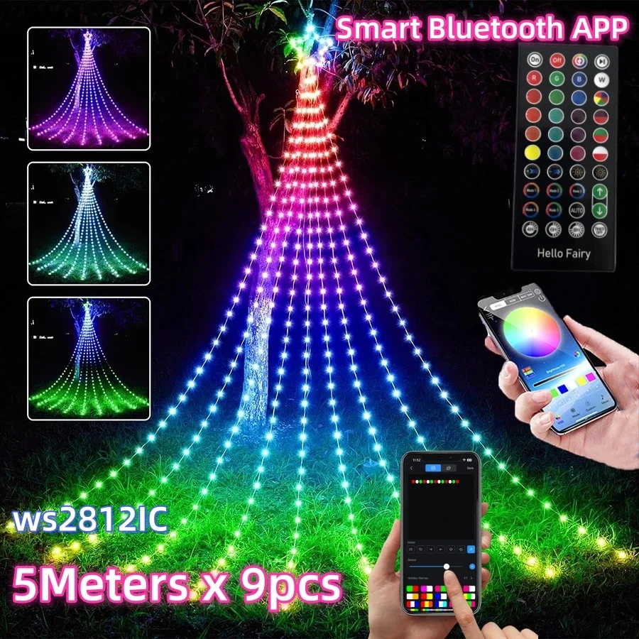 9 stücke X 5M Led Stern Topper DIY Wasserfall Weihnachten Baum String Licht RGBIC Smart APP Steuerung Outdoor wasserfall Fee Lichterkette