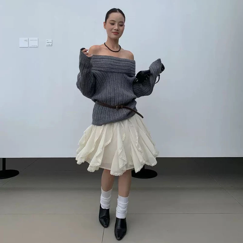 Deeptown 韓国スタイルのレースチュールスカート女性フェアリーコア甘いエレガントなフリルスカートヴィンテージストリート不規則なレイヤードスカート
