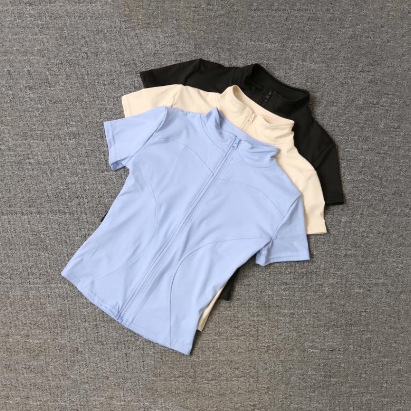 Summer High Quality Waist Slimming Training Tops Women's Quick-drying Tight Stand Collar Full Zipper Short Sleeves Yoga shirts