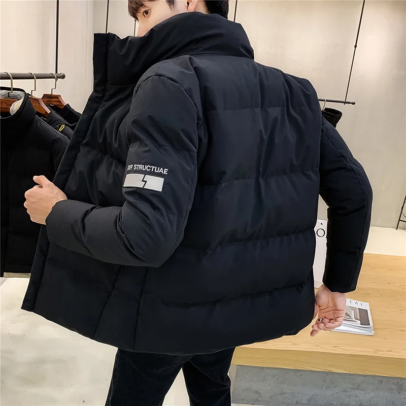 Jaket Down Pria pendek, mantel kasual mode empuk katun kerah berdiri hangat dipertebal musim gugur dan dingin 2023