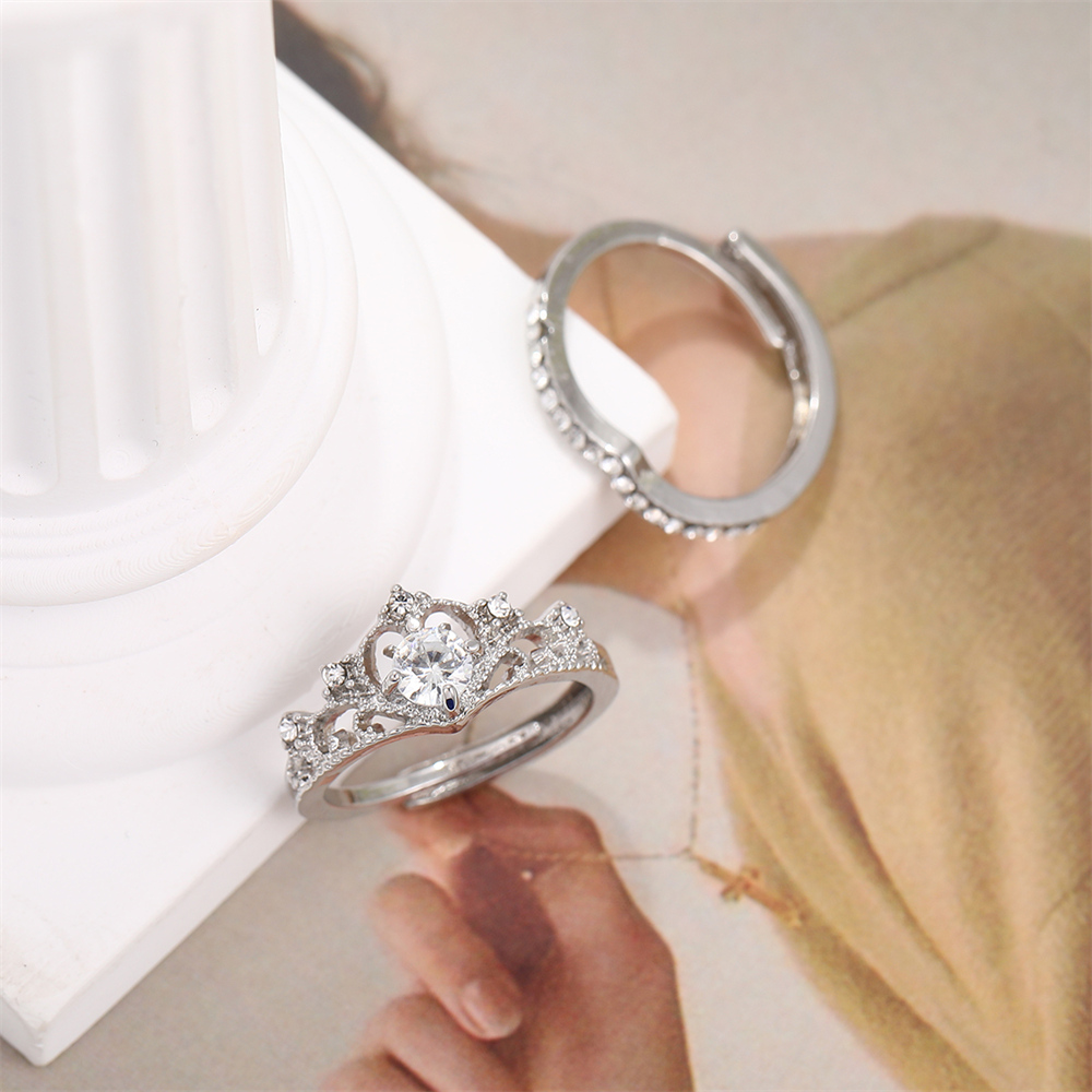 Anéis de coroa cintilantes para mulheres, cristal adolescente, coreano, prateado ajustável, presente de aniversário, conjunto de anéis para rainha, joias, 2 peças